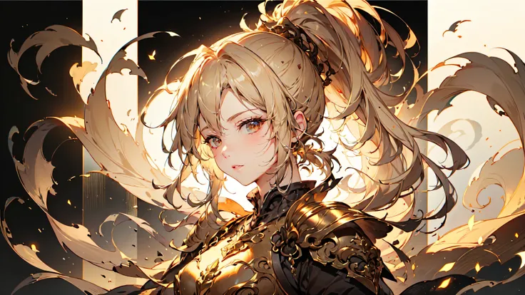 highest quality,Very detailed,Portraiture,Light,peaceful,Fascinating,Blonde,armor,Dark Background,Delicate features,Subtle colors,Heavenly Beauty,Graceful pose、ponytail