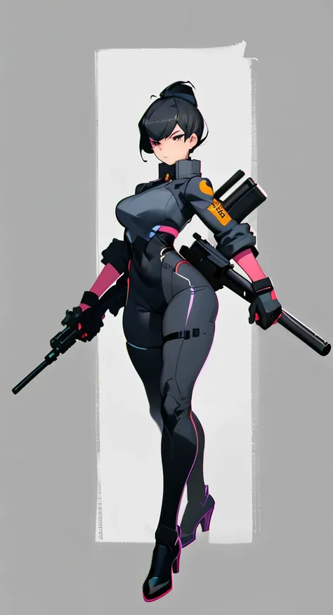 drawing of a woman holding two guns and a gun, clean lines, thick silhouette, whole body concept, clean anime outlines, sharp li...