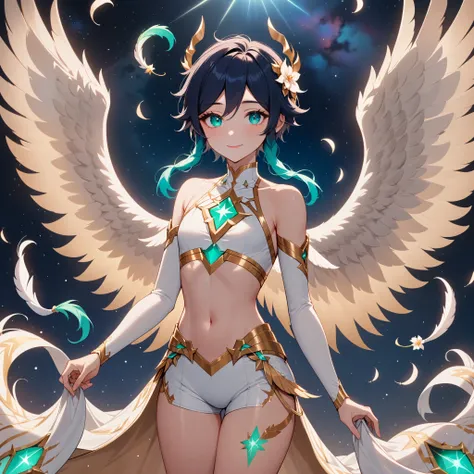 masterpiece,best quality,very aesthetic,absurdres,1boy,venti_/(archon/)_/(genshin_impact/),male_focus,detailed_eyes,(gnns:0.25),all white clothes,white feathered_wings,white halter_top,white shorts,hair_flower,midriff,black blue hair gradient,dsmile,((flat...