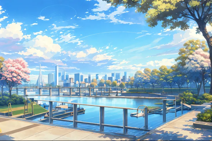 (masterpiece:1.2),best quality,45 degree viewing angle，Top view，stadium，modern，Japan School，outdoor，Architecture，house，Trees，cloud，Blue sky，the way，Nice light，Campus scene，playground，School，landscape, No humans, morning, Sky, Cityscape, reflection, City, a...