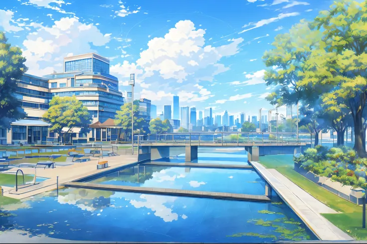 (masterpiece:1.2),best quality,45 degree viewing angle，Top view，stadium，School，School，Campus Modern，日本School，outdoor，architecture物，house，Trees，cloud，Blue sky，the way，Nice light，Campus scene，playground，School，landscape, No humans, morning, Sky, Cityscape, r...