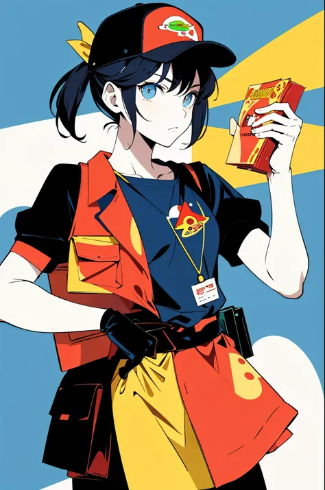 (flat color:1.1),(masterpiece:1.2), original, pizza delivery girl, holding pizza box