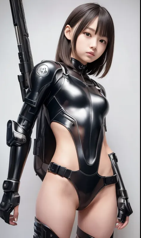 high quality, A photorealistic masterpiece, Dressed in futuristic clothing and carrying a rifle、、Two close friends, Beautiful teenage girl, (Small and skinny girl), pretty girl, cyber punk, Wearing futuristic robotic tactical shear armor cyber punk suit wi...