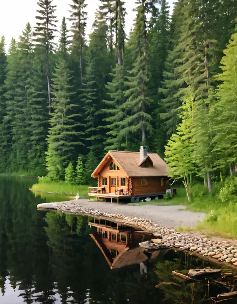 there is a small cabin with a grass roof on the shore of a lake, cabin in the woods, build in a forest near of a lake, solitary cottage in the woods, cottage in the woods, cottage in the forest, cozy place, setting in nature, lake house, peaceful and seren...