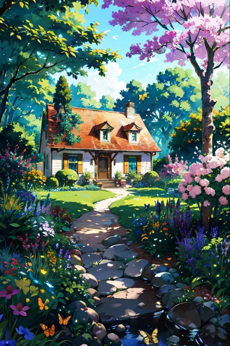 

"Picture a quaint cottage nestled in a serene neighborhood, its architecture classic with a steeply pitched roof and a welcoming front door. Surrounding the house, a lush garden in full bloom under a canopy of mature trees that filter dappled sunlight on...