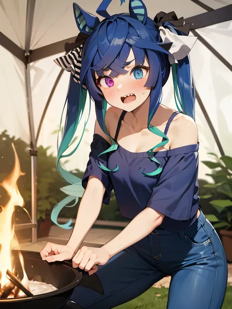 NSFW,Twin_Turbo_Umamusume,Light blue hair、Twin tails、Heterochromia、Purple Eyes、blue eyes、Sharp teeth,(Cropped shirt:1.3),(Off the shoulder:1.3),(High leg pants:1.3),Embarrassed,blush,(Perfect hands),(Perfect Anatomy),(masterpiece),(highest quality),Outdoor...