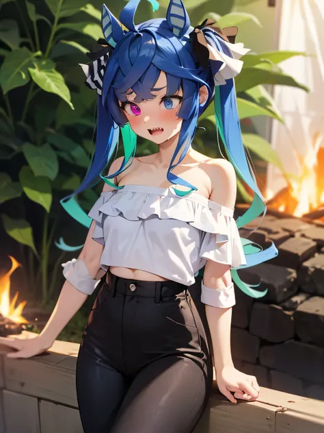 NSFW,Twin_Turbo_Umamusume,Light blue hair、Twin tails、Heterochromia、Purple Eyes、blue eyes、Sharp teeth,(Cropped shirt:1.3),(Off the shoulder:1.3),(High leg pants:1.3),Embarrassed,blush,(Perfect hands),(Perfect Anatomy),(masterpiece),(highest quality),Outdoor...