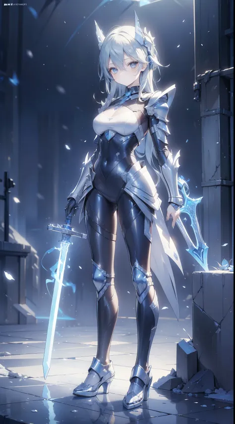 (masterpiece:1.5) (bestquality) highlydetailed, ultra-detailed, (blue skin), (no pupils), (half mechanical armor), (electricity), (giant sword)