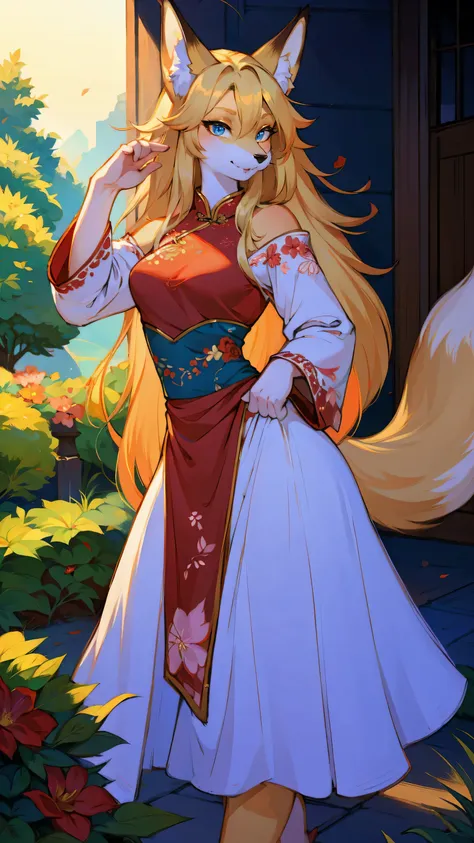 furry_girl,fox_girl,beautiful detailed eyes, luscious long hair, traditional chinese clothing, delicate floral patterns, elegant...