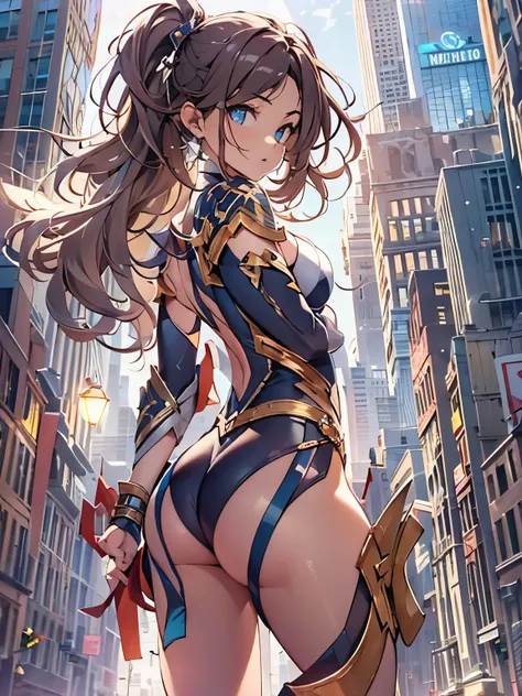 1girl, boots, breasts, bracelets, full body with costume, leotard, bare legs, medium breasts, perfect hands, complete fingers, perfect anatomy, perfect proportions, solo, solo focus, superhero girl, beautiful detailed eyes, beautiful detailed face, diffrac...