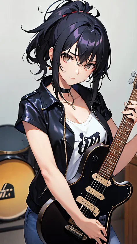 black hair, hair over shoulder, messy hair, masterpiece, (textured skin), best quality, gorgeous adult woman, rock band guitaris...