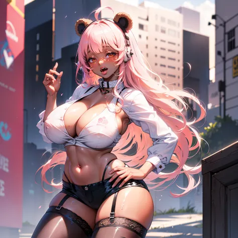 ((((1girl)))), ((1 person)), ((anime)), ((pink hair)), ((long hair)), ((ahoge)), ((blunt bangs)), ((bear ears)), (((((dark skin))))), ((huge breasts)), ((brown eyes)), half-closed eyes, ((cleavage)), ((thick thighs)), ((thick lips)), ((wide hips)), ((thigh...