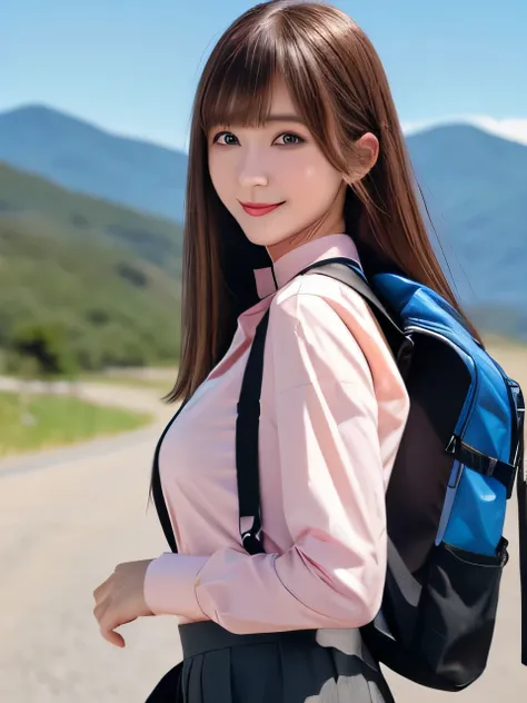 masterpiece, Front view、Cowboy Shot、Cute Japan Woman, (輝くBrown Hair, Straight Long Hair), ((Ivory and pink shirt、Black tights、Backpack、Culottes skirt)), Very cute face, Glossy Lips, Double eyelids on both eyes, Natural Makeup, Brown Hair, Asymmetrical bang...