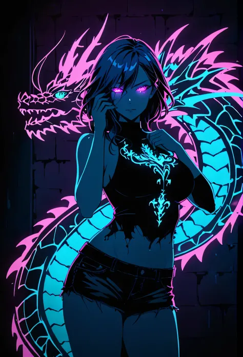 artist by Megan Hess,(blue fluorescent Graffiti of mysterious dragon :2.0)，indoor，Fluorescent illumination， (Darkness shrouded, black background, shadow, extreme darkness, Dark atmosphere：3.0),Wall background，black background，silhouette，shadow，extreme dark...