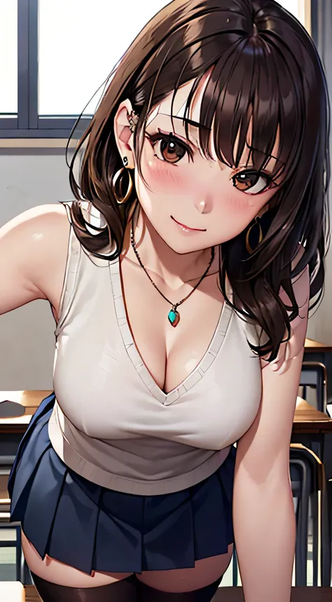 (Tabletop, highest quality, High resolution, , Perfect Pixel, 4K,), 1 girl, single, alone, Beautiful woman、I could see the whole body、 ((Wavy mid-length hair, bangs, Brown Hair)), ((Brown eyes, Beautiful eyelashes, Realistic eyes)), ((Detailed face, blush:...