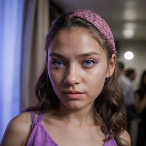 photo of a pupil，9 years old, in Purple Pink, futuristic cotton and linen, (freckles:0.8) cute face, sci-fi, dystopian, detailed eyes, cobalt blue eyes（（Side view））Disco bar