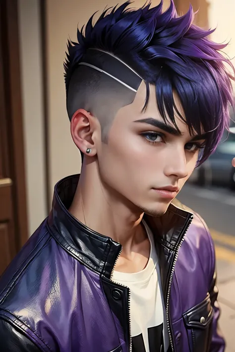 boy, short fade cut hair, purple mixed black cool jacket