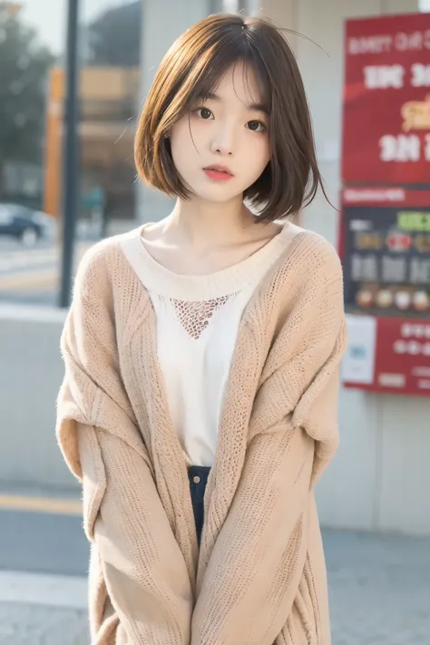 incredibly absurd, beautiful and cute 20-year-old Korean girl with a photorealistic face, showcasing top-quality craftsmanship. Her slender frame is adorned with short, messy hair. The artwork is high-resolution, allowing for ultra-detailed features to be ...