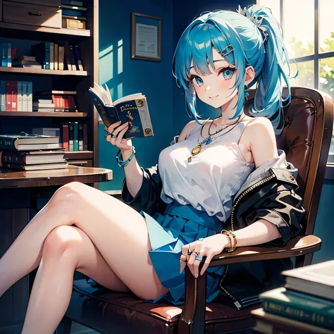 Anime Moe Art Style,highest quality,High resolution,Anatomically correct,One Girl,Mid-teens,A girl with light blue hair in a ponytail,Super detailed,Fantasy-style world,Off-the-shoulder tops,mini skirt,Big Breasts,archive,A rich expression,smile,is sitting...