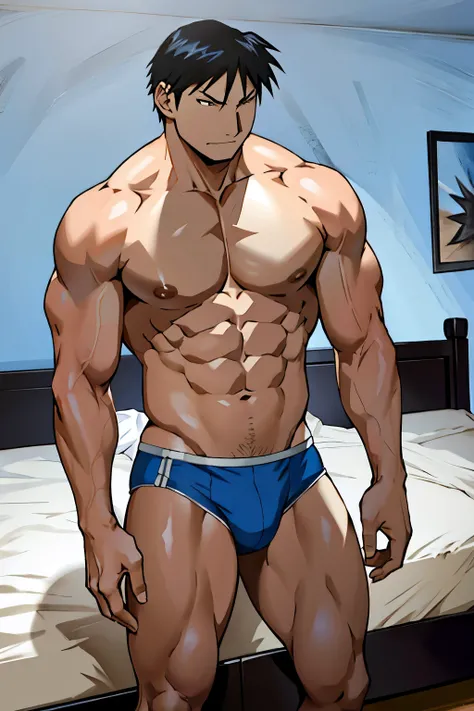 Roy Mustang from Full Metal Alchemist, wearing white swimsuit, adjusting the underpants, bodybuilder, defined body, posing, shirtless, abs, big legs, bedroom