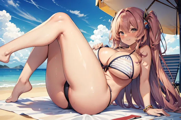 Anime illustration、highest quality、Voluptuous gravure idol、Perfect proportions、bikini、Beach parasol、Deck chair、Sandy Beach、smile、Big Breasts、Thick legs、Sweaty