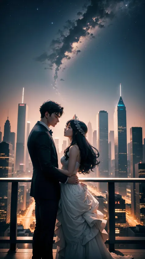 A couple stands against the backdrop of the night sky, creating a beautifully romantic scene with the cityscape in the background., adding an air of mystery to the romantic scene atop the building against the night sky and city lights, (Raw photo, highest ...