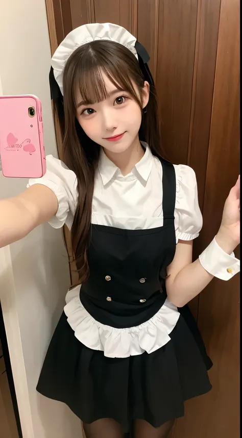 Japanese Beauty、Brown Hair、Black maid outfit、Knee-high socks with border pattern、Selfie、17 years old、White apron、Purikura