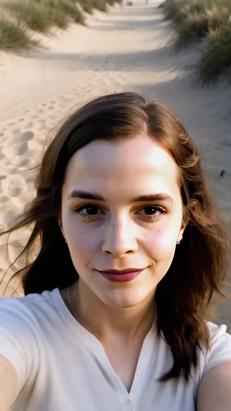 Emma watson taking a selfie with Elon musk in a beach, closeup face