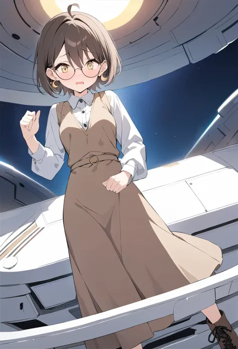 best quality, masterpiece, ultra resolution, super details, anatomically correct, a girl of teens, full body, (dark brown hair:1.2), high quality eyes, high quality hands, short hair, light yellow eyes, (two short ahoges:1.3), round glasses, asymmetric ear...