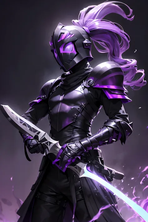 (photo of Mysterious teenage male with enclosed fantasy tribal deathpact-style helmet, helmet colored purple with black design, no face is shown, black hair in ponytail, holding dripping purple machetes, in a defensive position, purple fire:1.2), masterpie...