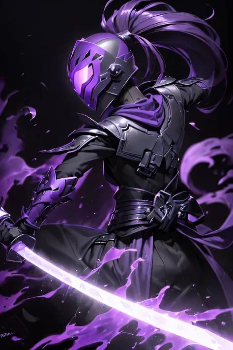 (photo of Mysterious teenage male with enclosed fantasy tribal deathpact-style helmet, helmet colored purple with black design, no face is shown, black hair in ponytail, holding dripping purple machetes, in a defensive position, purple fire:1.2), masterpie...