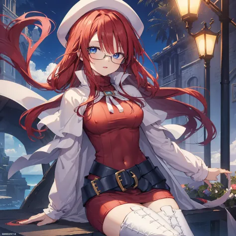 pov,(nsfw:1.2),summonnightaty, aty, (young:1.3),long hair, blue eyes, red hair, beret, hat, glasses,
BREAK long hair, thighhighs, hat, dress, boots, glasses, belt, cape, sweater, zettai ryouiki, beret, thigh boots, white footwear, ribbed sweater, loose bel...