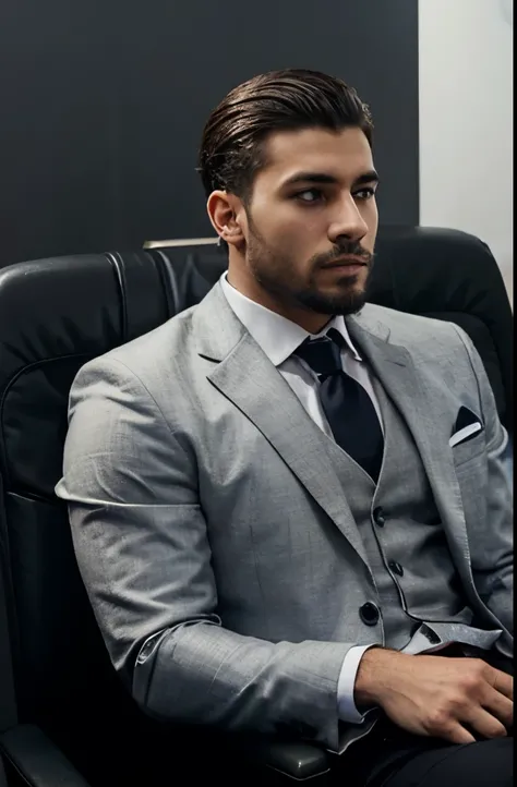 Hombre elegante sentado en el asiento de un superdeportivo, hombre joven, Vistiendo un traje con la entrepierna mostrando su polla hacia arriba.., imagen realista, pelo oscuro, Sin barba