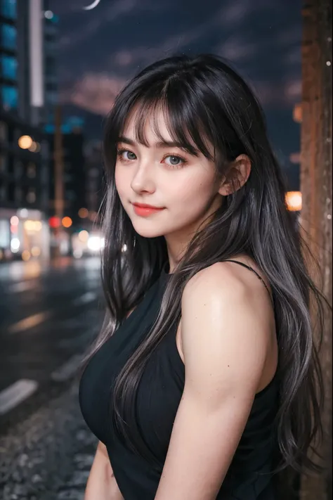 1 Girl, Beautiful, Baby Face, 20 Years Old, White Skin, Large Breasts, Black See Through Dress, ((muscles:1.3)), ((Night Mountain Outdoor)), Sexy Look, Girly Pose, Grey Hair Bangs, Silver Long Wavy Hair, ((adorable:1.1)), ((masterpiece:1.1)), Cute Face, ((...