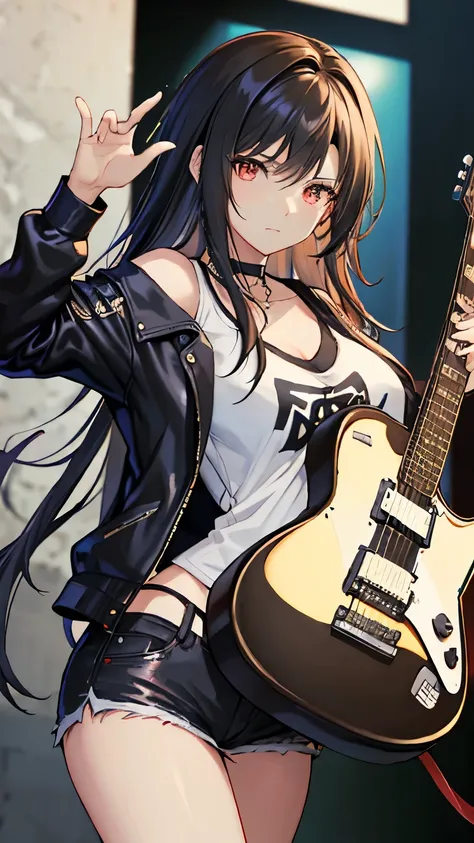 black hair, hair over shoulder, messy hair, masterpiece, (textured skin), best quality, gorgeous adult woman, (Rock band guitarist), T-shirt, leisure jacket, choker, (electric guitar), Fender, (at Live venue)