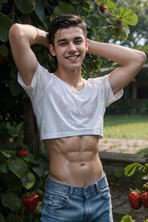 a lean skinny shirtless 18-year old caucasian boy wearing open white shirt, jeans, undercut black hair, cute face, blue eyes, smiling, tanned skin, drenched in sweat, sweating profusely, in the strawberry garden