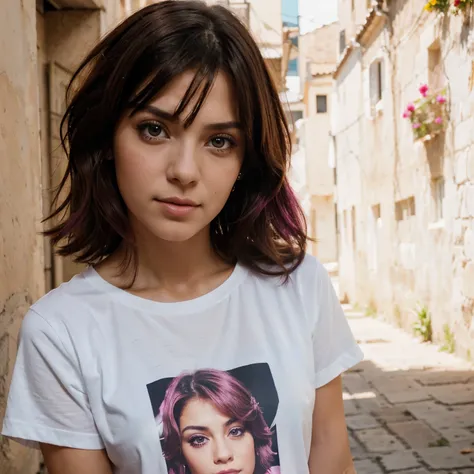 Retrato de una chica, cabello corto anaranjado, amber eyes, camiseta blanca, falda corta magenta 