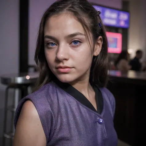 photo of a schoolgirl，9 years old, in Purple Pink, futuristic cotton and linen, (freckles:0.8) cute face, sci-fi, dystopian, detailed eyes, cobalt blue eyes（（Side view））Disco bar