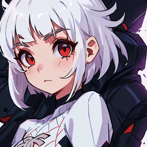 beautiful girl, black spider-man suit, white hair, short hair, chanel hair, red eyes, grey eyebrows