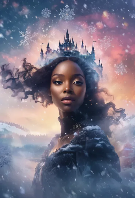 The face of the black  princess appears in the air，(multiple exposure:1.8),winter landscape，Surreal wonderland，Dreamy cloud and mist floating fairy island，(Big snowflakes:1.3)，Colorful big snowflakes are flying，The black princess&#39;s palace is covered wi...