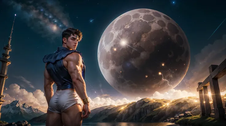 (1men),men in sailor-moon costume,giant muscular, giant moon in back ground, night sky , outdoor , light particle , (masterpiece:1.2)