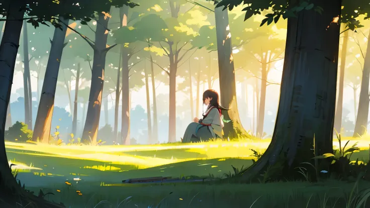 Waking up, colorful beautiful girl, breeze, forest, grassland, Japanese animation, morning light, sunlight filtering through the trees, high definition