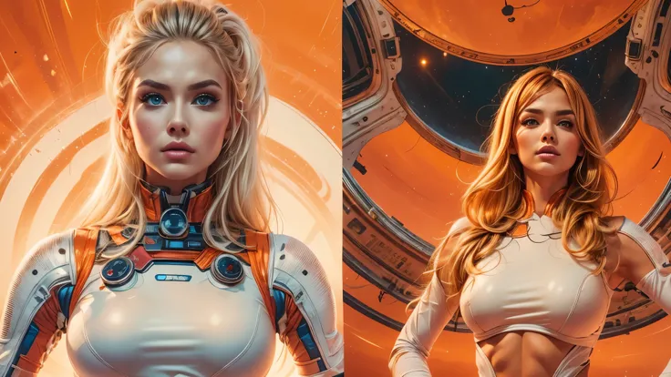 arafed image of a white woman in a futuristic suit with a spaceship in the background, movie art, in front of an orange background, inspired by Robert McGinnis, female protagonist, megastructure in the background, portrait of an ai astronaut, astronauts, a...