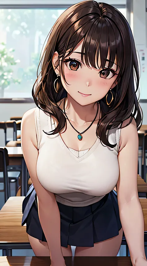 (Tabletop, highest quality, High resolution, , Perfect Pixel, 4K,), 1 girl, single, alone, Beautiful woman、I could see the whole body、 ((Wavy mid-length hair, bangs, Brown Hair)), ((Brown eyes, Beautiful eyelashes, Realistic eyes)), ((Detailed face, blush:...