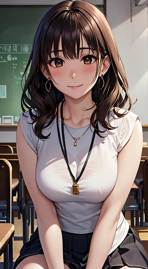 (Tabletop, highest quality, High resolution, , Perfect Pixel, 4K,), 1 girl, single, alone, Beautiful woman、I could see the whole body、 ((Wavy mid-length hair, bangs, Brown Hair)), ((Brown eyes, Beautiful eyelashes, Realistic eyes)), ((Detailed face, blush:...