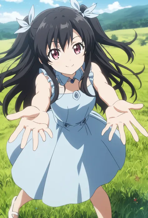 1 girl,two side up,Black Hair,berry long hair,Hair Ribbon,Light blue dress,white Mule,smile,,smile,Posing with hands outstretched,Anime Style,grassland