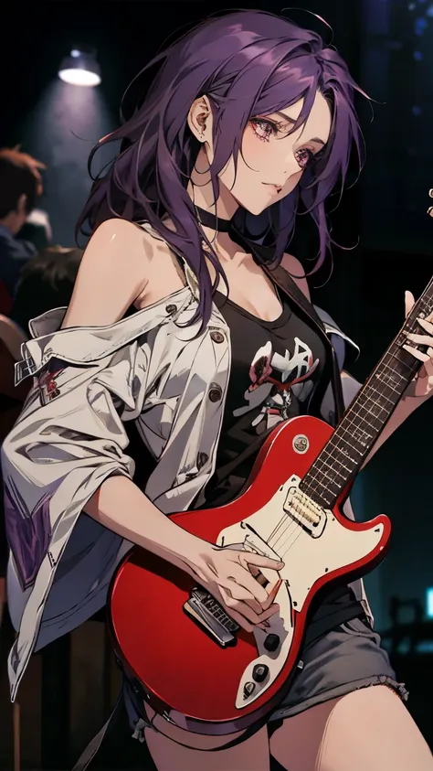 purple hair, hair over shoulder, messy hair, masterpiece, (textured skin), best quality, gorgeous adult woman, (rock band guitar...