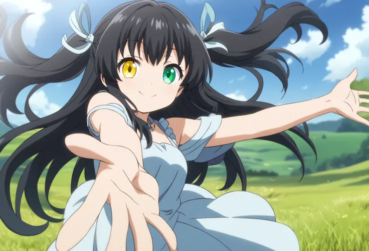 (((perfect hand)))1 girl,(Cute girl)two side up,Black Hair,berry long hair,Hair Ribbon,Light blue dress,white Mule,smile,,smile,Posing with hands outstretched,Anime Style,grassland,heterochromia green eye yellow eye