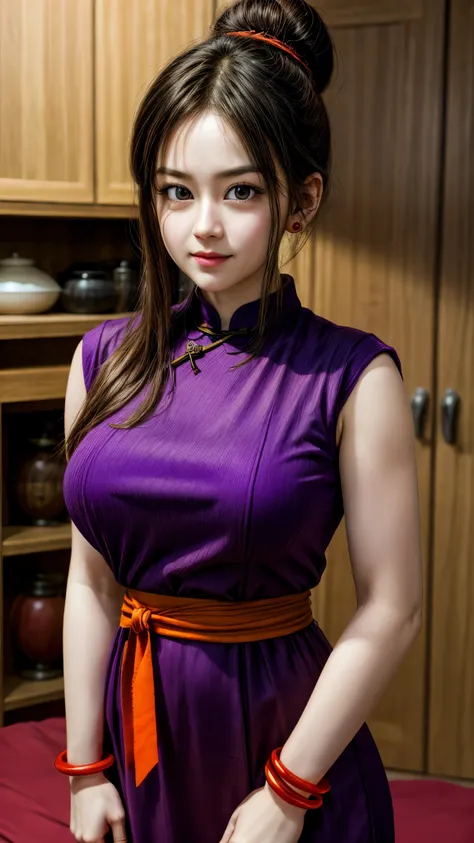 masterpiece, best quality, highest quality, photorealistic, perfect anatomy, perfect face, perfect eyes,
dbzch1ch1, sidelocks, bangs, single hair bun, hair bun, (black eyes), orange pashmina wrap, red sphere earrings , red wristbands, purple cheongsam, sex...