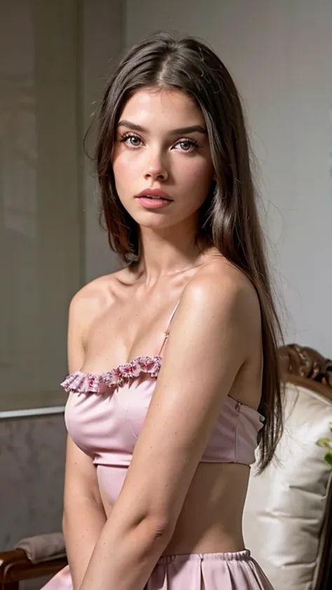 una hermosa, modelo italiana sentada en una silla con un vestido rosa, official valentino editorial, editorial oficial de vuitto...